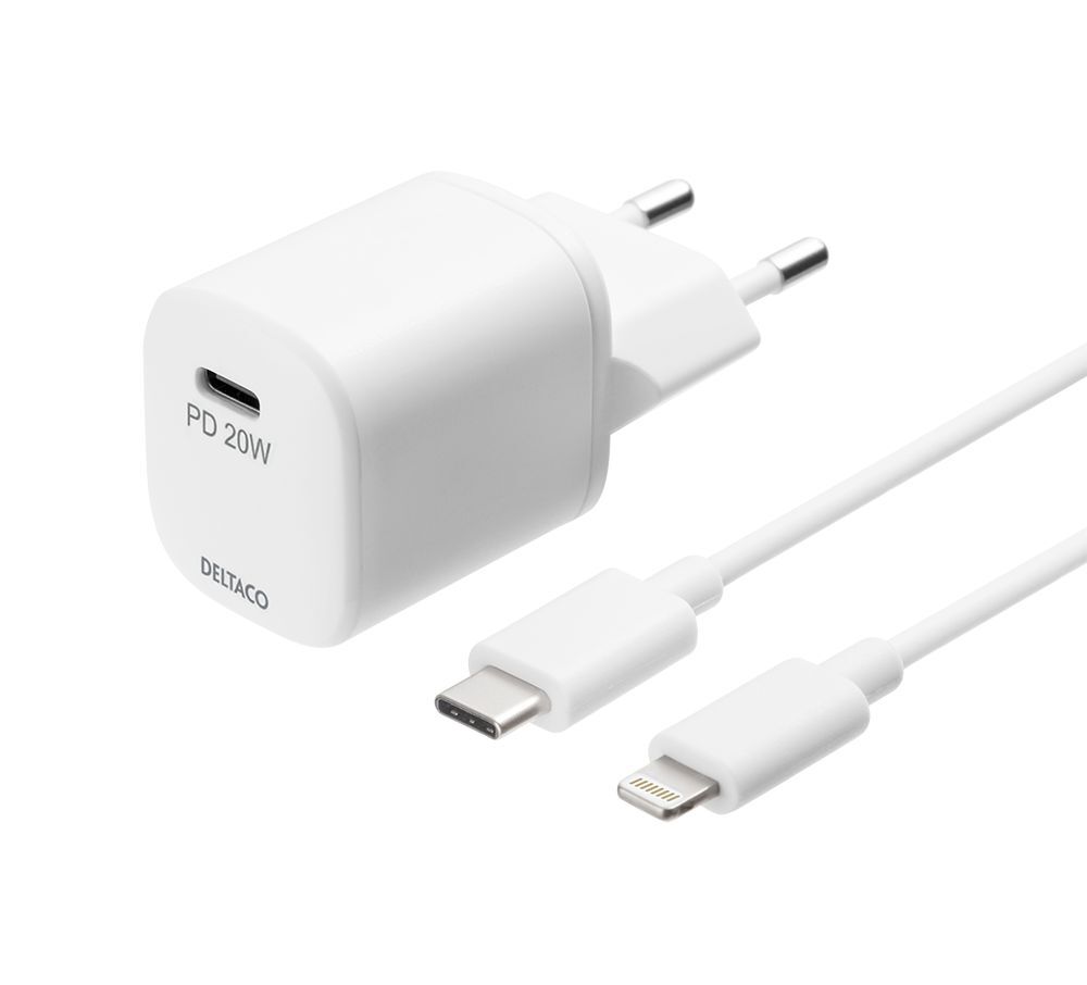 Deltaco USB-C-Schnell-Ladegerät USBC-AC141, 20 W mit USB-C auf Lightning-Kabel, MFi
