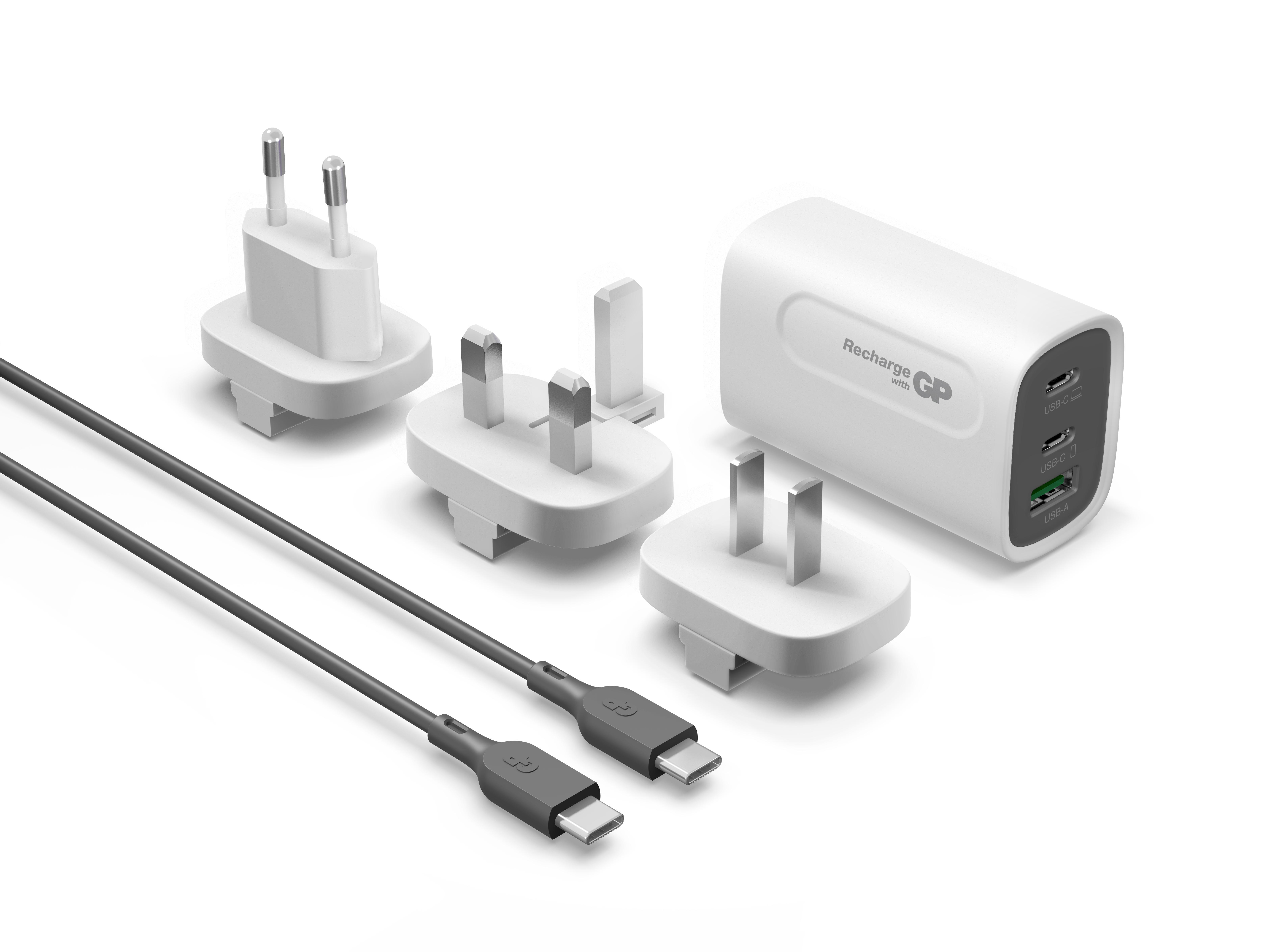 GP Steckerlader GM3A 65W, GaN, 2x USB-C und 1x USB-A, Weiß