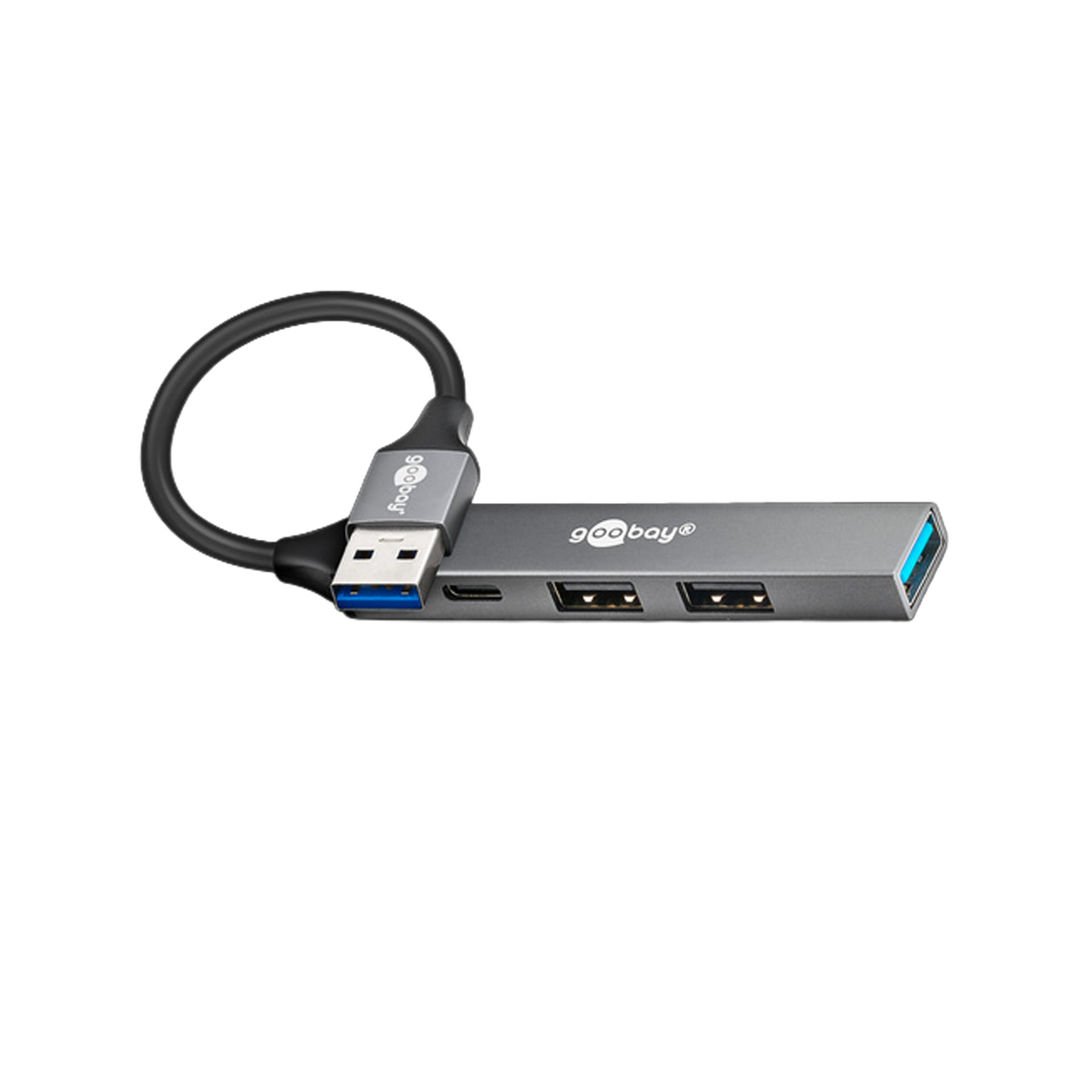 Hub USB-C 4 Puertos Slim De Goobay – Convierte 1 Puerto En 4, Velocidad 5 Gbit/s, Carcasa Aluminio | Compatible Con MacBook, IPhone, Android, SSD
