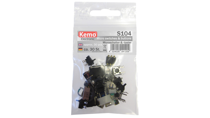 10 X  günstig Kaufen-Kemo Mikroschalter und -taster ca. 30 Stück S104. Kemo Mikroschalter und -taster ca. 30 Stück S104 <![CDATA[Das Set besteht aus ca. 30 Mikroschaltern und -tastern.]]>. 