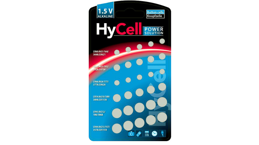 Hycell günstig Kaufen-Hycell Alkaline-Knopfzellen-Set, 1,5 V, 30 Stück. Hycell Alkaline-Knopfzellen-Set, 1,5 V, 30 Stück <![CDATA[Dieses 30-teilige Knopfzellen-Sortiment ist bestückt mit 1,5-V-Alkaline-Knopfzellen für lang anhaltende Power.]]>. 