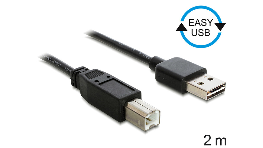 Stecker  günstig Kaufen-Delock USB 2.0 EASY-Kabel, USB-Stecker (Typ A) auf USB-Stecker (Typ B), 2 m. Delock USB 2.0 EASY-Kabel, USB-Stecker (Typ A) auf USB-Stecker (Typ B), 2 m <![CDATA[Dieses Kabel von Delock,mit EASY-USB Stecker,kann in beide Richtungen in die USB-A Buchse ges