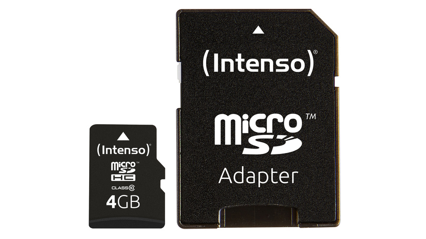 for HR günstig Kaufen-Intenso microSDHC-Karte, Class 10, mit SD-Adapter, 25 MB/s, 4 GB. Intenso microSDHC-Karte, Class 10, mit SD-Adapter, 25 MB/s, 4 GB <![CDATA[Superschnelle microSD-Speicherkarte,die mit 25 MB/s Schreib- und Lesegeschwindigkeit die Anforderungen an die Klass