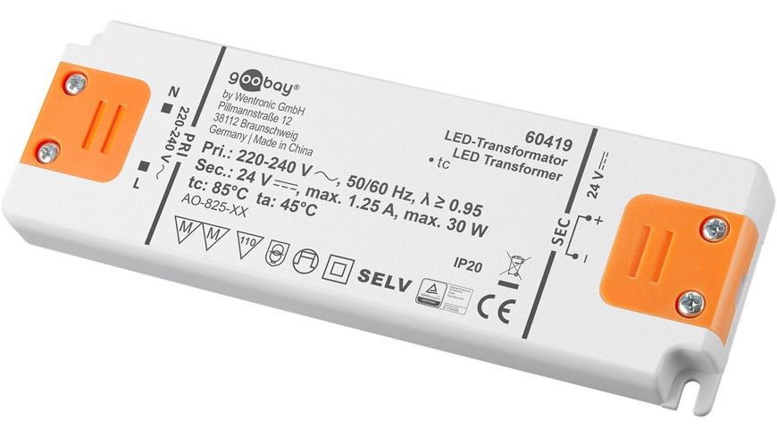 goobay LED-Netzteil / LED-Trafo, 30 W, 24 V DC, 1,25 A, Konstantspannung, IP20, ultraflach