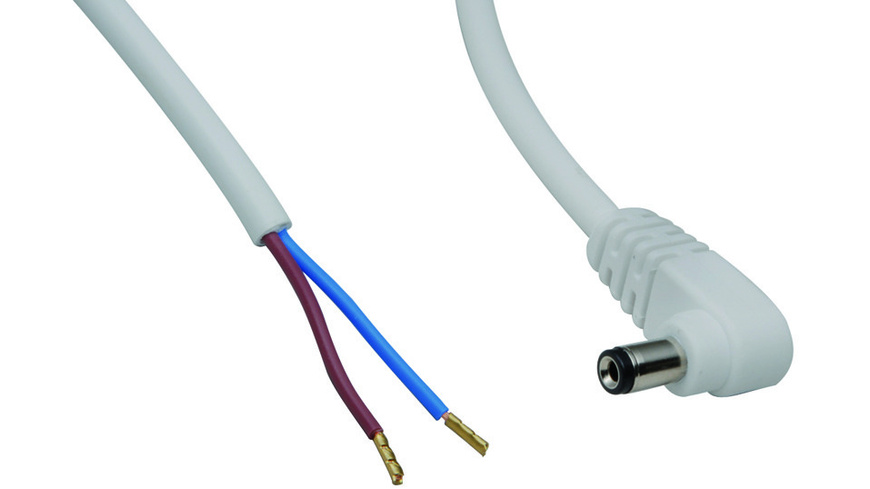 DC-Kabel 2 x 0,5 mm² mit DC-Winkelhohlstecker 2,1/5,5/9,5 mm, 2 m, weiß