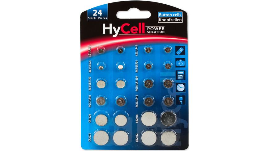 Hycell günstig Kaufen-Hycell 24er-Set Alkaline-Knopfzellensortiment, 1,5 V/ 3,0 V. Hycell 24er-Set Alkaline-Knopfzellensortiment, 1,5 V/ 3,0 V <![CDATA[Dieses 24-teilige Knopfzellen-Sortiment ist bestückt mit Alkaline- und Lithium-Knopfzellen für lang anhaltende Power.]]>. 