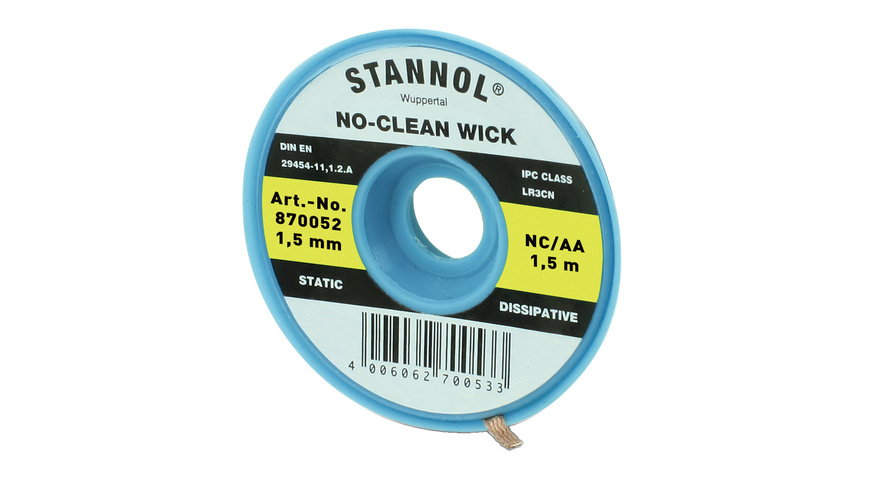 Stannol No-Clean Entlötlitze, ESD-verpackt, 1,5 m lang, 1,5 mm breit