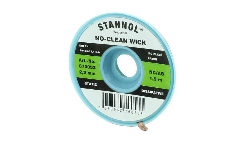 Stannol No-Clean Entlötlitze, ESD-verpackt, 1,5 m lang, 2,2 mm breit