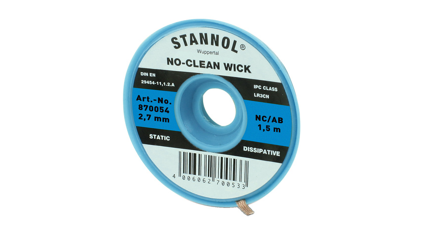 Stannol No-Clean Entlötlitze, ESD-verpackt, 1,5 m lang, 2,7 mm breit