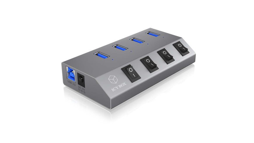 ICY BOX aktiver 4-Port-USB-3.0-Hub IB-HUB1405, An-/Ausschalter für jeden Port, bis zu 5 Gbit/s