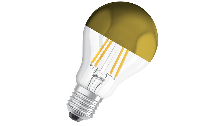 aus 6 günstig Kaufen-OSRAM LED Mirror Gold 7-W-Filament-LED-Lampe E27 mit Goldkuppe, 650 lm. OSRAM LED Mirror Gold 7-W-Filament-LED-Lampe E27 mit Goldkuppe, 650 lm <![CDATA[Diese mit innovativer LED-Filament-Technologie (LED-Fadenlampe) ausgestattete LED-Lampe vereinbart die 
