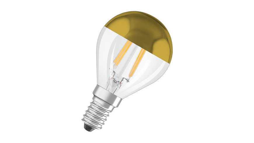 E14 KU günstig Kaufen-OSRAM LED Mirror Gold 4-W-Filament-LED-Lampe E14 mit Goldkuppe. OSRAM LED Mirror Gold 4-W-Filament-LED-Lampe E14 mit Goldkuppe <![CDATA[Diese mit innovativer LED-Filament-Technologie (LED-Fadenlampe) ausgestattete LED-Lampe vereinbart die klassische Glüh