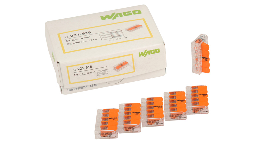 Wago Wagoklemme 221-615, 5-Leiter-Klemme, Nennquerschnitt 6mm², 15er Pack