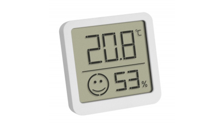 TFA Thermo-Hygrometer mit Smiley-Klimakomfortanzeige, Raumtemperatur, Luftfeuchte (rH), weiß