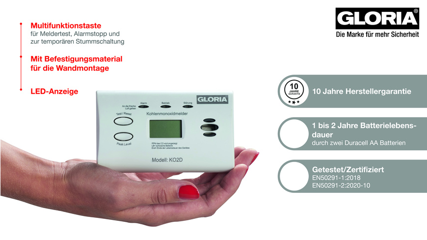 GLORIA Kohlenmonoxid-Warnmelder / CO-Melder KO2D, mit Display, Batteriebetrieb