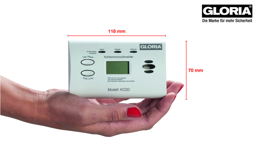 GLORIA Kohlenmonoxid-Warnmelder / CO-Melder KO2D, mit Display, Batteriebetrieb
