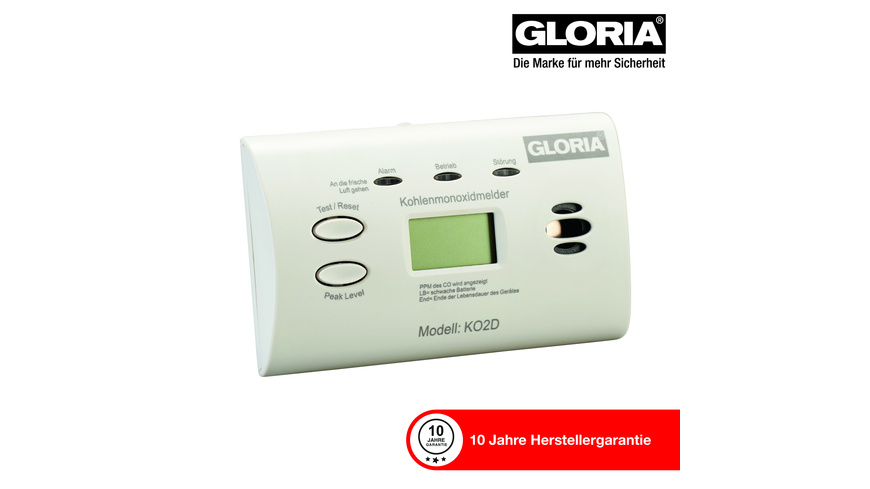 GLORIA Kohlenmonoxid-Warnmelder / CO-Melder KO2D, mit Display, Batteriebetrieb