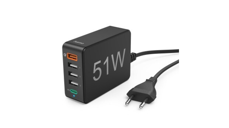 Hama Schnellladegerät 5 Ports, Qualcomm® 3.0, 1x QC 3.0, 3x USB-A, 1x USB-C PD, 51 W, Schwarz