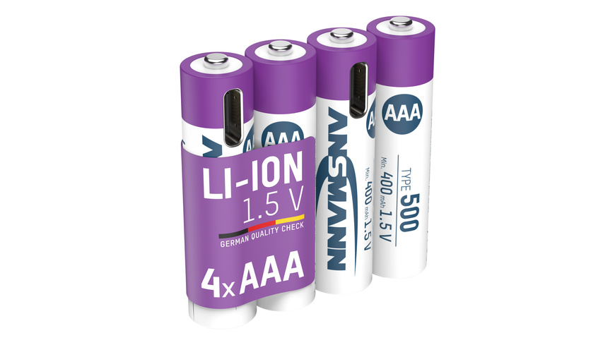Ansmann Akku günstig Kaufen-Ansmann Li-Ion Akku Micro/AAA 4er-Set mit USB-C-Ladebuchse, 1,5 V, 400 mAh. Ansmann Li-Ion Akku Micro/AAA 4er-Set mit USB-C-Ladebuchse, 1,5 V, 400 mAh <![CDATA[Die hochwertigen Lithium-Ionen-Akkus von Ansmann mit einer stabilen Spannung von 1,5 V über de