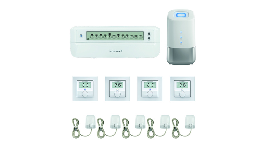 Homematic IP Smart Home Starter Set mit Home Control Unit, 4 Wandthermostate, Fußbodenheizungscontroller und 5 Stellantriebe