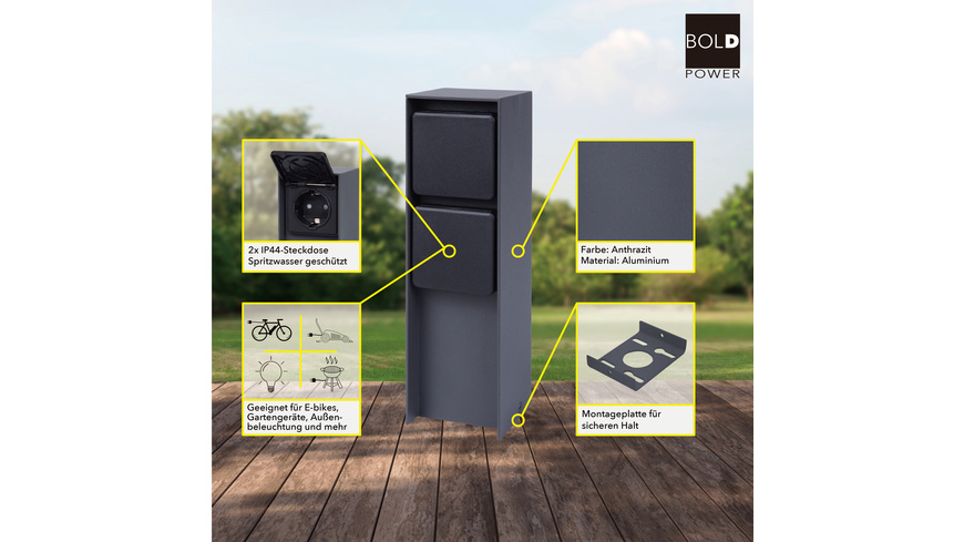 Steckdose mit günstig Kaufen-Die Bold ABANO Steckdosensäule 2-fach, Aluminium, IP44, Anthrazit. Die Bold ABANO Steckdosensäule 2-fach, Aluminium, IP44, Anthrazit <![CDATA[Kompakte 2-fach Steckdosensäule für den Außenbereich (IP44) mit Klappdeckeln.]]>. 