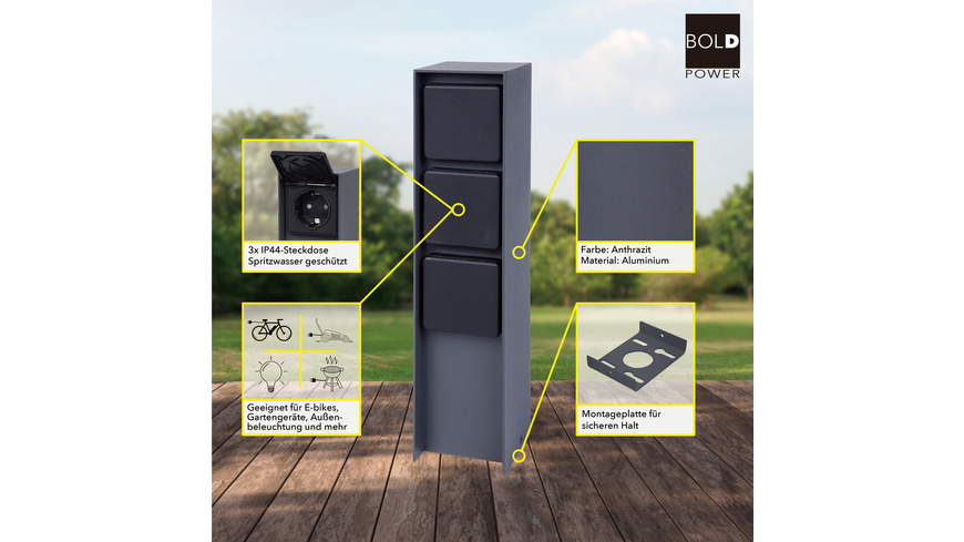 Steckdose mit günstig Kaufen-Die Bold ABANO Steckdosensäule 3-fach, Aluminium, IP44, Anthrazit. Die Bold ABANO Steckdosensäule 3-fach, Aluminium, IP44, Anthrazit <![CDATA[Kompakte 3-fach Steckdosensäule für den Außenbereich (IP44) mit Klappdeckeln.]]>. 