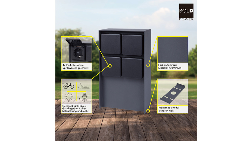 IP44 günstig Kaufen-Die Bold ABANO Steckdosensäule 4-fach, Aluminium, IP44, Anthrazit. Die Bold ABANO Steckdosensäule 4-fach, Aluminium, IP44, Anthrazit <![CDATA[Kompakte 4-fach Steckdosensäule für den Außenbereich (IP44) mit Klappdeckeln.]]>. 