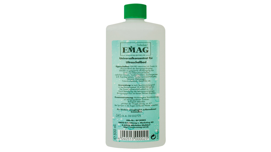 EMAG günstig Kaufen-EMAG Universal-Reinigungskonzentrat EM-80, 500 ml. EMAG Universal-Reinigungskonzentrat EM-80, 500 ml <![CDATA[Speziell für die Ultraschall-Reinigung,umweltfreundlich,kostensparend,mit geringer Einwirk-/Reinigungszeit.]]>. 
