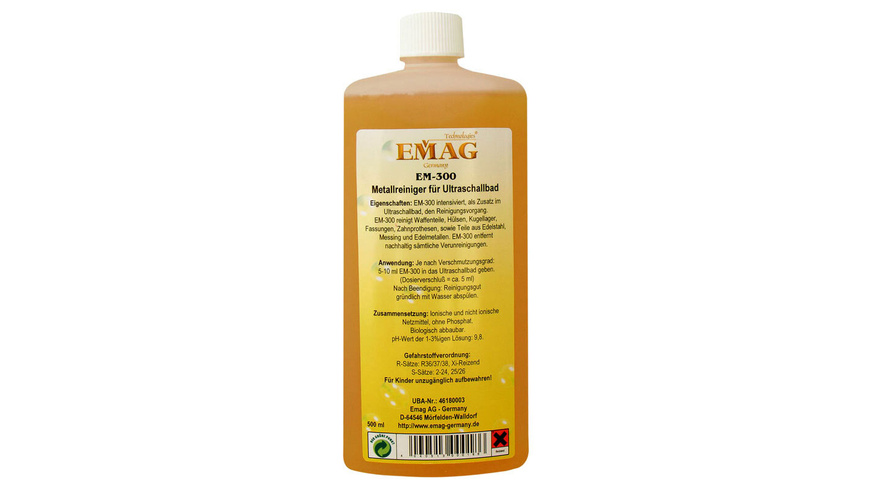 EMAG günstig Kaufen-EMAG Metallreiniger EM-300, 500 ml. EMAG Metallreiniger EM-300, 500 ml <![CDATA[Speziell für die Ultraschall-Reinigung,umweltfreundlich,kostensparend,mit geringer Einwirk-/Reinigungszeit.]]>. 