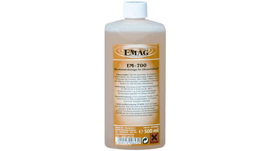 EMAG günstig Kaufen-EMAG Buntmetallreiniger EM-700, 500 ml. EMAG Buntmetallreiniger EM-700, 500 ml <![CDATA[Speziell für die Ultraschall-Reinigung,umweltfreundlich,kostensparend,mit geringer Einwirk-/Reinigungszeit.]]>. 