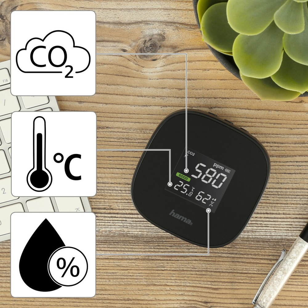 Hama CO2-Messgerät / CO2-Anzeige SAFE, Kohlendioxid, Ampel-Anzeige, mit Akku