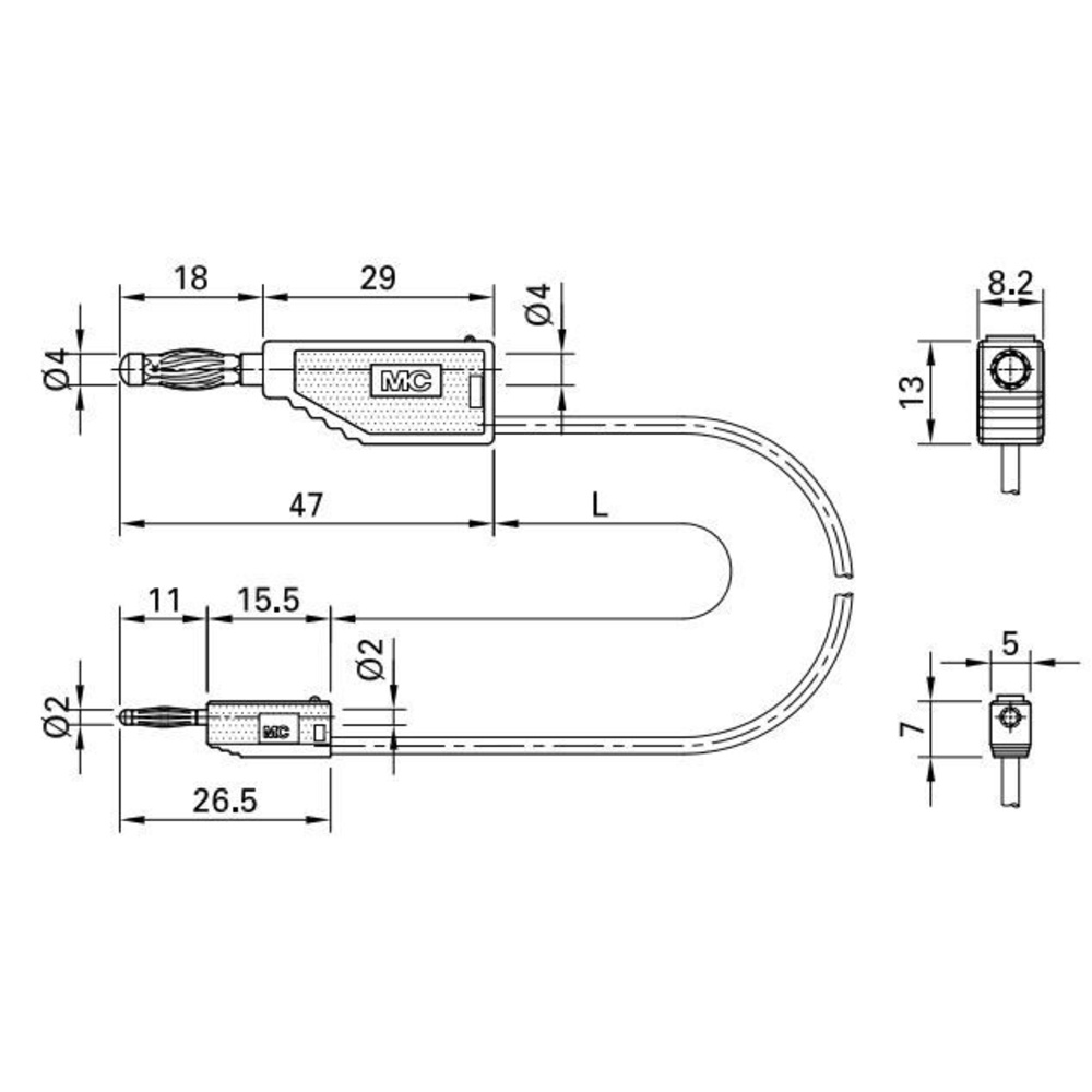 Miniatur-2-mm-Abgreifer KPS1/B2, Adapterleitung 30 cm, Schwarz