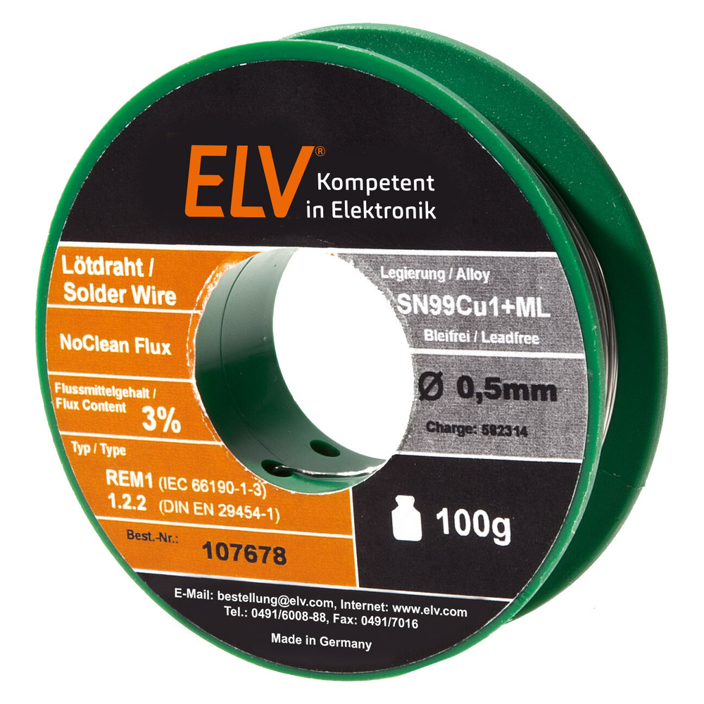 ELV No-Clean Lötzinn bleifrei Sn99Cu1+ML, 0,5 mm, 100 g