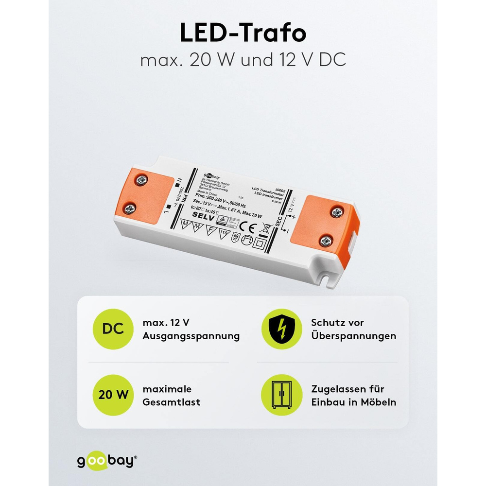 goobay LED-Netzteil / LED-Trafo, 20 W, 12 V DC, 1,67 A, Konstantspannung, IP20, ultraflach