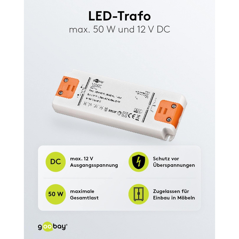 goobay LED-Netzteil / LED-Trafo, 50 W, 12 V DC, 4,2 A, Konstantspannung, IP20, ultraflach