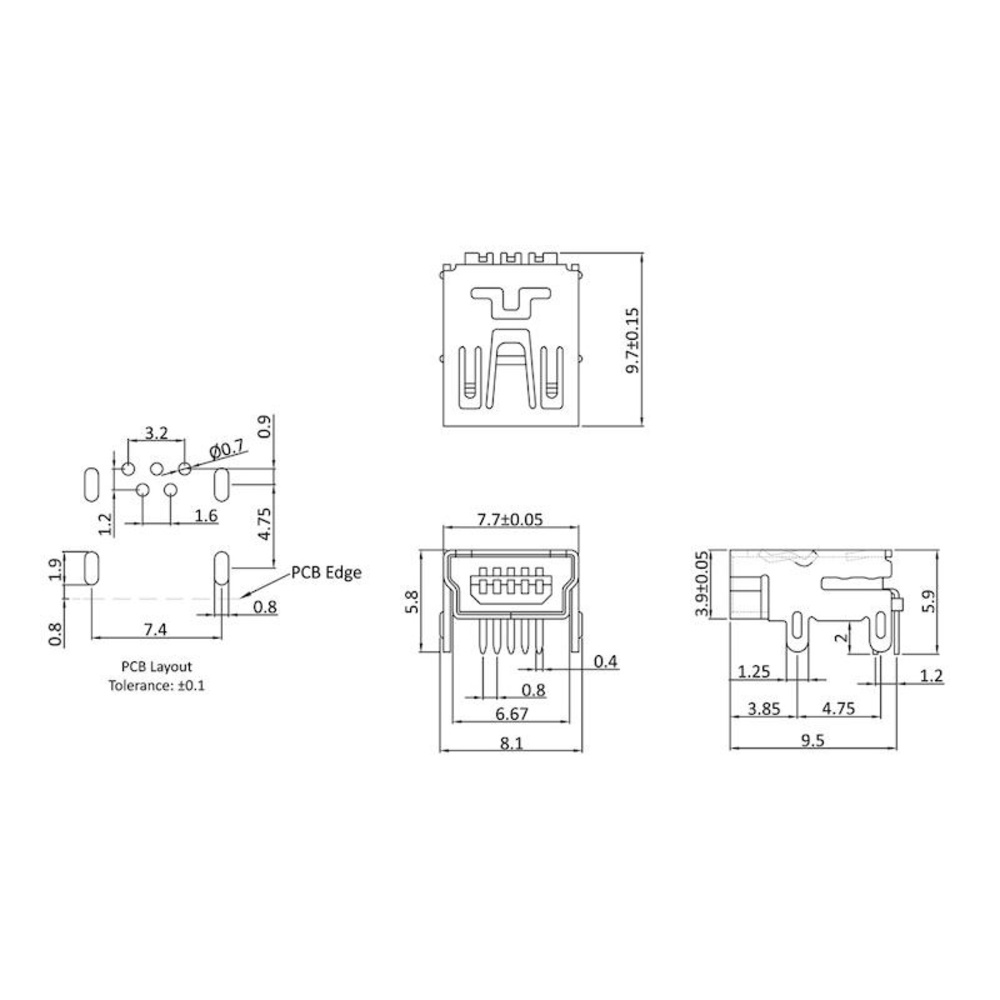 Mini USB-Buchse Typ B, 5-polig, Printmontage