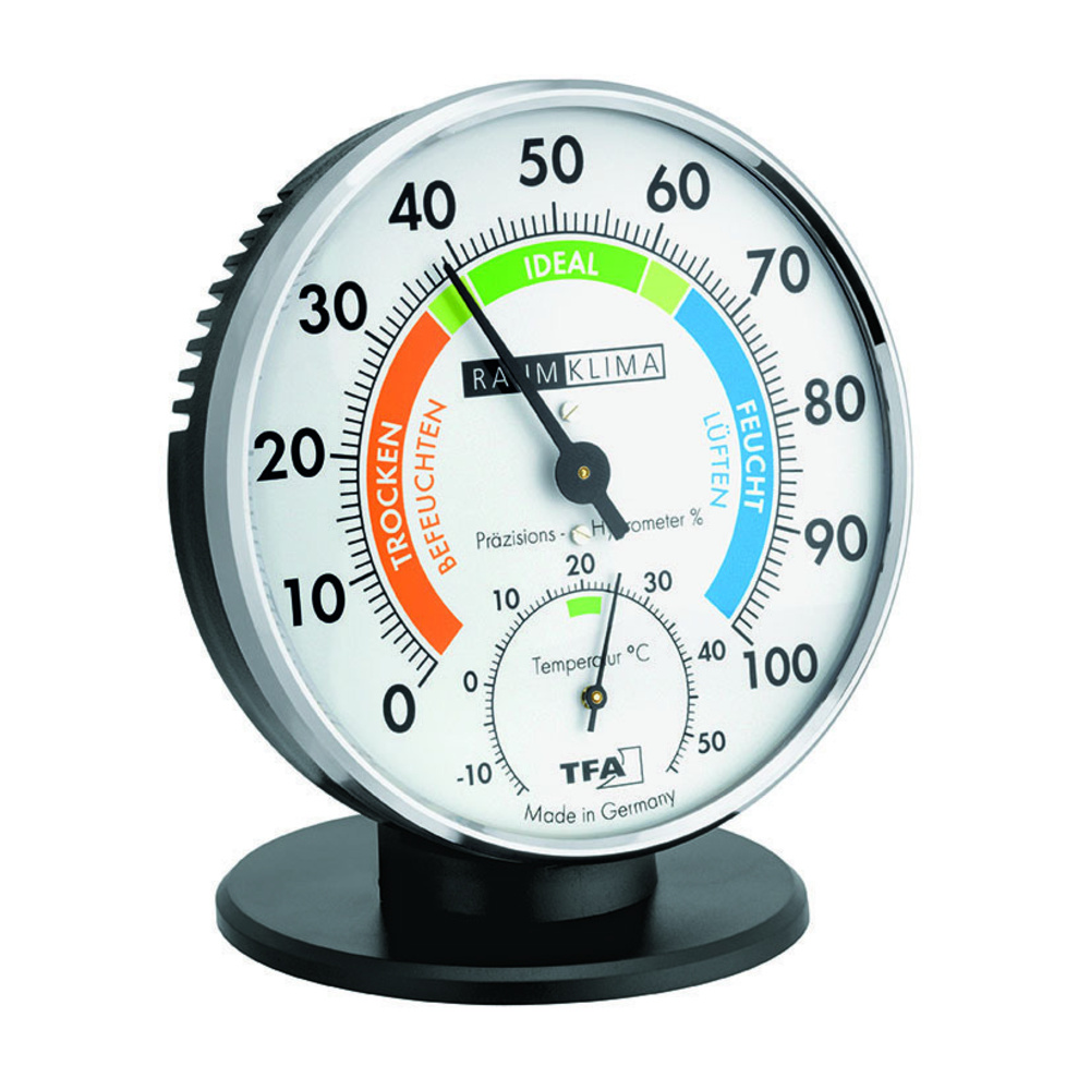 TFA Analoges Thermo-Hygrometer, mit farbigen Komfortzonen, mit Standfuß