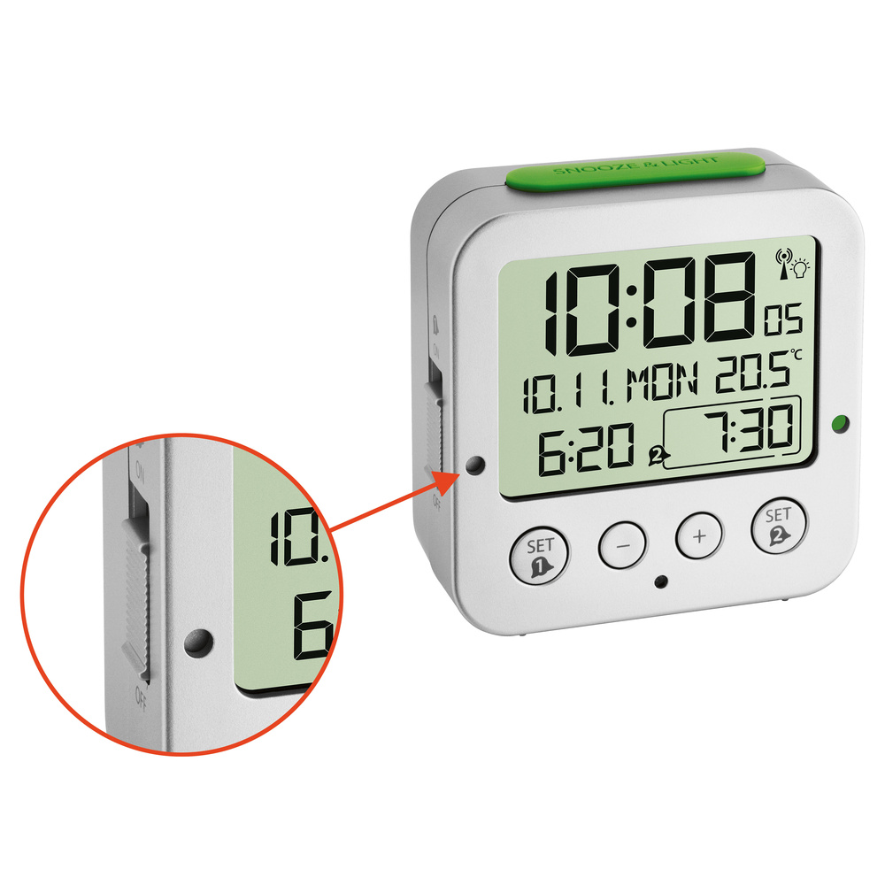 TFA Funk-Wecker mit Temperaturanzeige, automatische Displaybeleuchtung, 2 Weckzeiten einstellbar