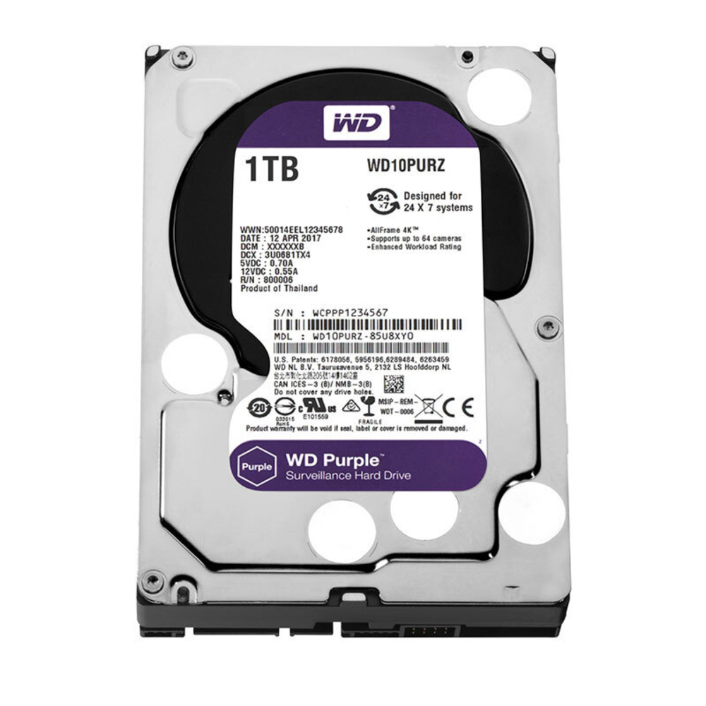 Western Digital Interne 3,5" Festplatte Purple, für Videoüberwachungs-Systeme, Dauerbetrieb, 1 TB