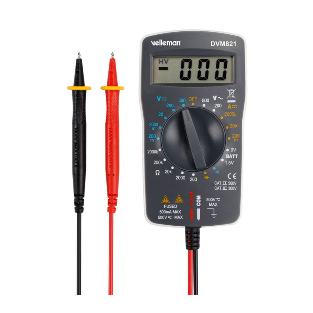 Velleman Digital-Multimeter DVM821, CAT II 500 V / CAT III 300 V, 1999 Counts