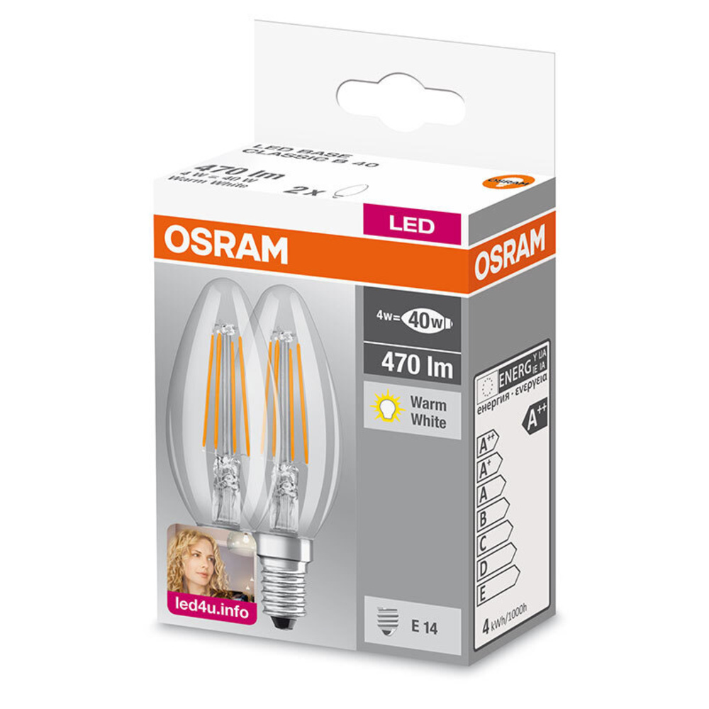 OSRAM 2er-Pack 4-W-Filament-LED-Kerzenlampe, E14, warmweiß