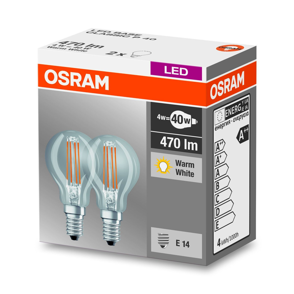 OSRAM 2er-Pack 4-W-LED-Lampe P45, E14, 470 lm, warmweiß, klar