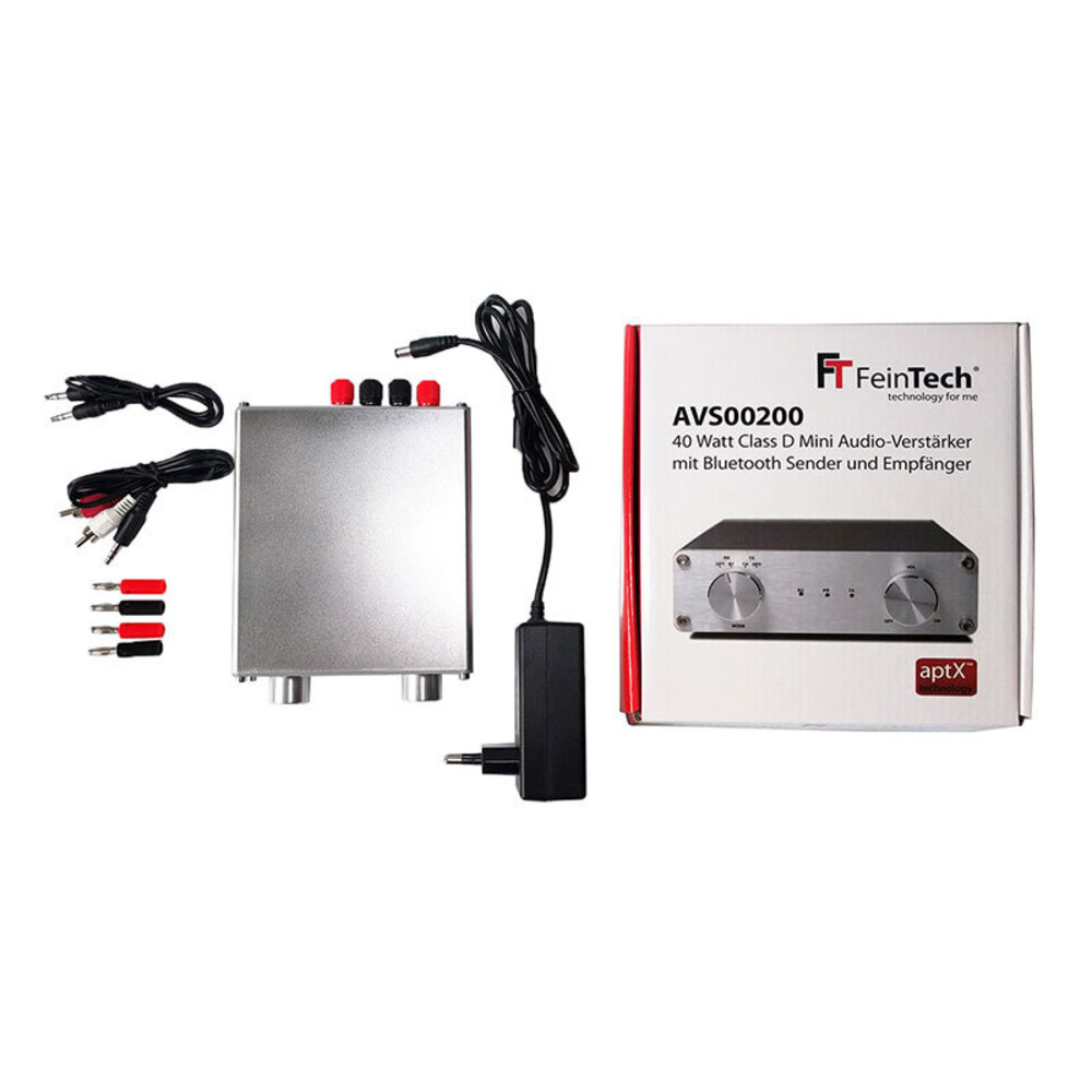 FeinTech Stereo-Audio-Verstärker, 40-W-RMS, Class-D, Bluetooth-Sender-/Empfänger, kompaktes Gehäuse