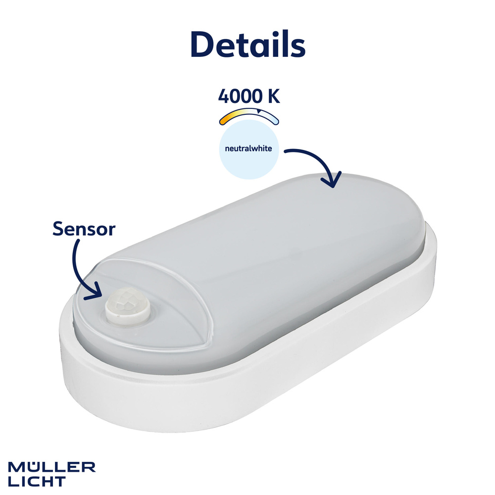 Müller Licht 9-W-Oval-LED-Decken-/Wandleuchte mit HF-Bewegungssensor, neutralweiß