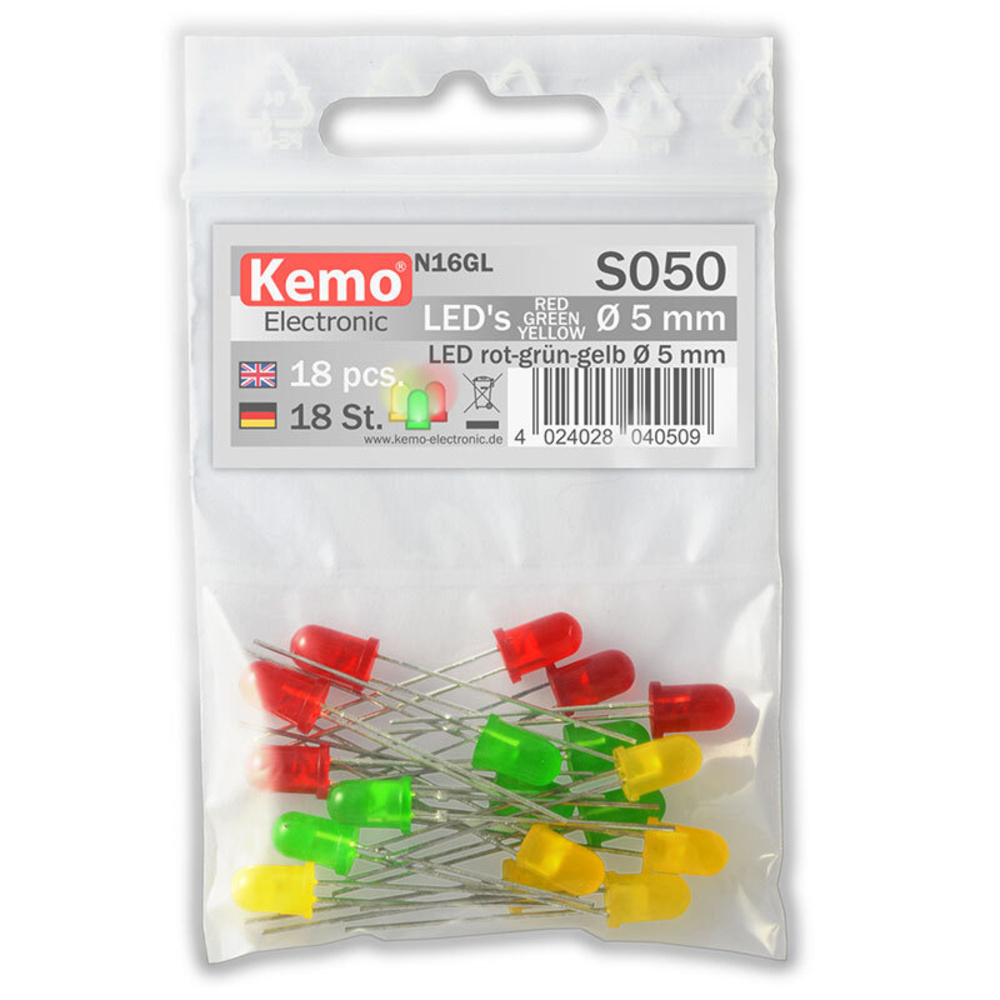 Kemo LED-Sortiment S050, rot/ grün/ gelb, 5 mm Durchmesser, ca. 18 Stück