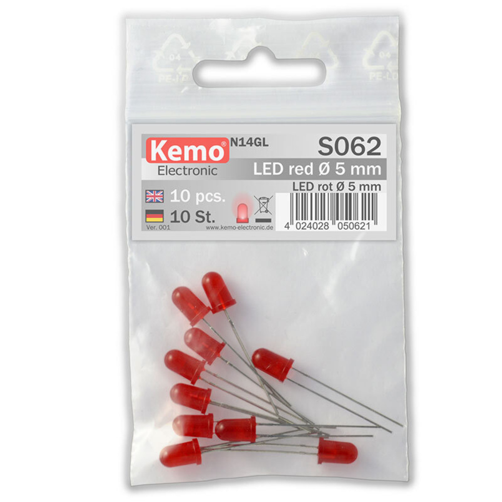 Kemo LED-Sortiment S062, rot, 5 mm Durchmesser, ca. 10 Stück