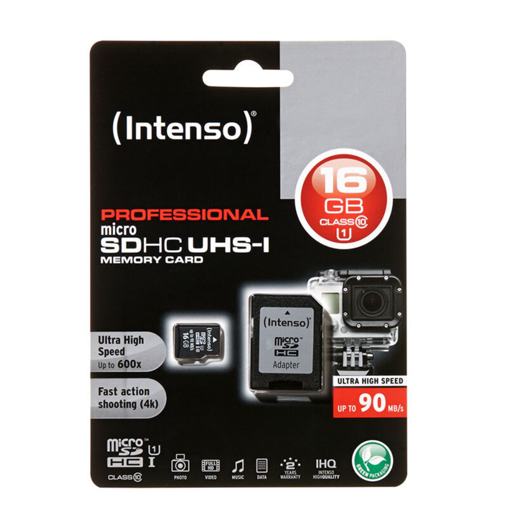 Intenso microSDHC-Karte, Class 10, UHS-I Professional, mit SD-Adapter, 90 MB/s, 16 GB