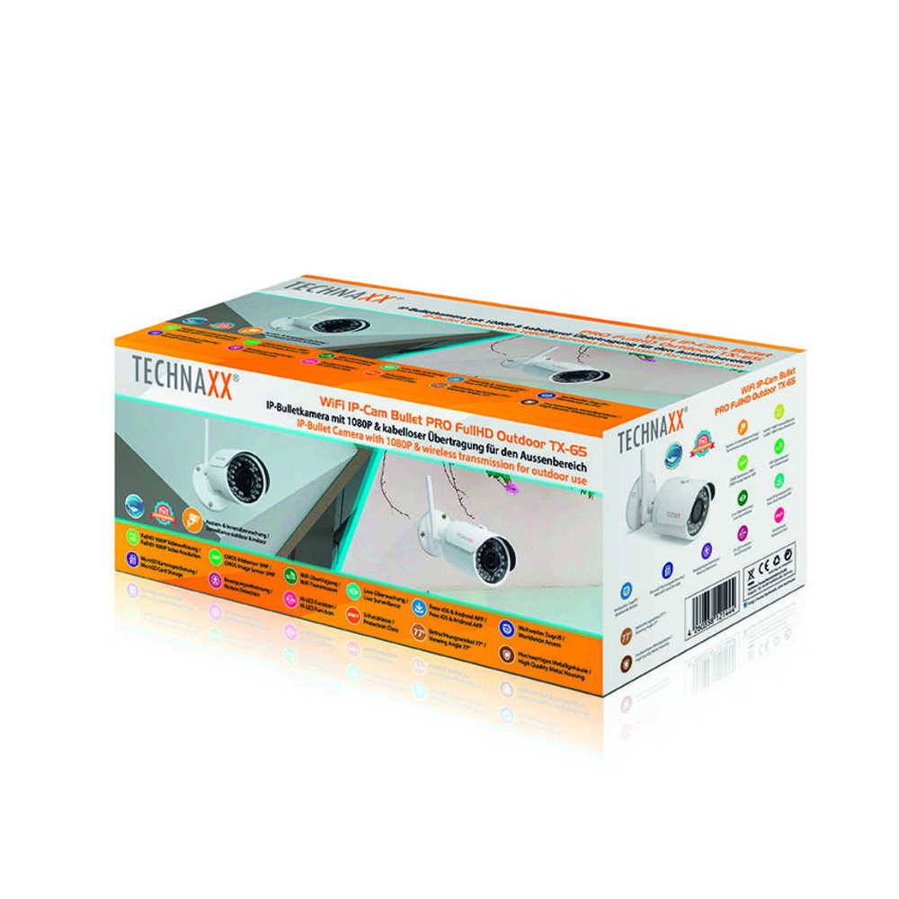 Technaxx WLAN-IP-Bulletkamera TX-65, 2,6 mm Fixobjektiv, 30 m IR-Reichweite