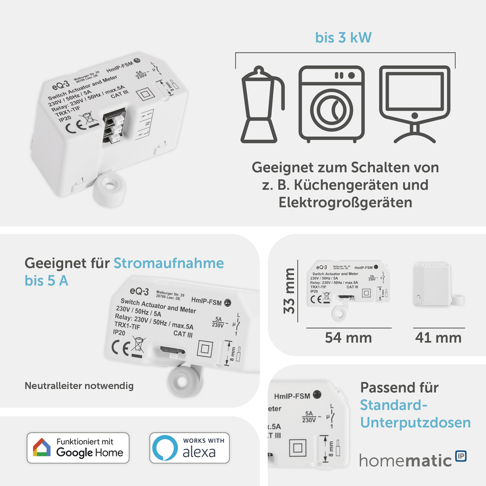 Homematic IP Smart Home Schalt-Mess-Aktor – Unterputz, HmIP-FSM