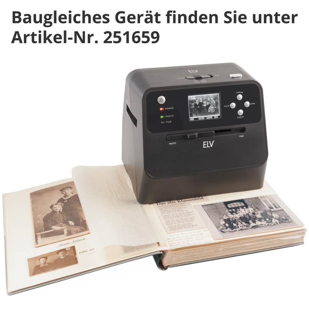 ELV 4-in-1-Kombi-Scanner BD400 - für Fotoalben, Bilder, Dias, Negative, 6,1-cm-Vorschaudisplay,14 MP